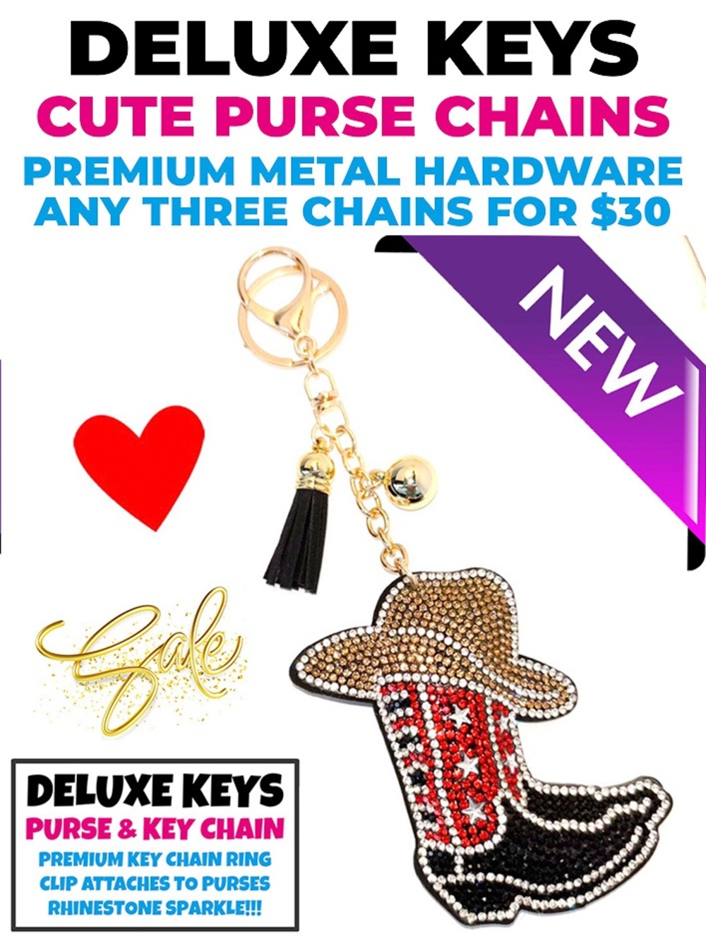 DeLuxe Keys Rhinestone Keychain/Purse Chain-Beige Red Black Cowboy Boot
